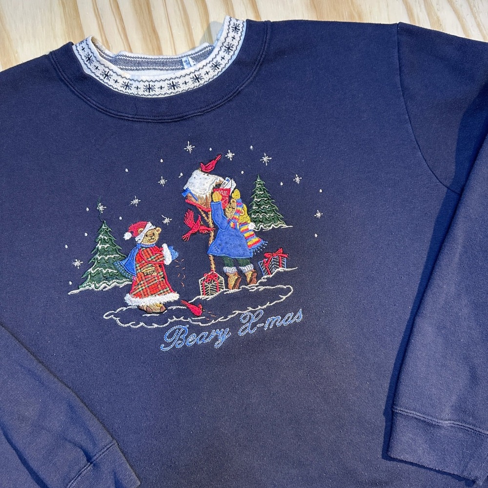 Bobbie Brooks Womens 22W/24W Navy Blue Beary X-mas Embroidered Sweatshirt